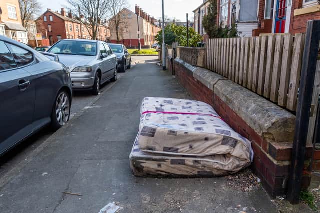 Flytipping on a street last week in Leeds as civic amenity sites are shut due to coronavirus.