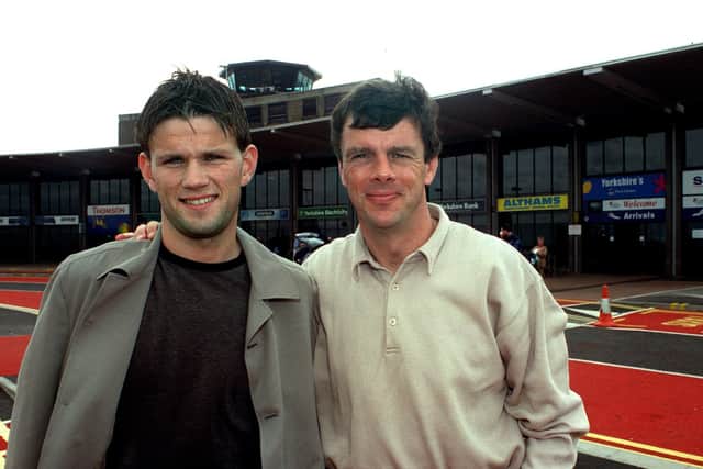 Jetting in: Eirik Bakke is met by David O'Leary at  Leeds Bradford airport in 1996.