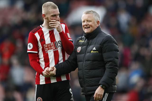 Chris Wilder manager celebrates the win with Oli McBurnie of Sheffield United (Picture:: Simon Bellis/Sportimage)
