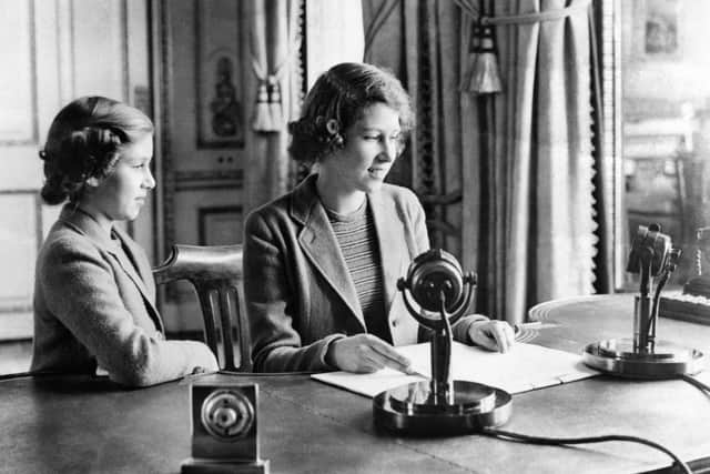 This is a teenae Princess Elizabeth during her first broadcast from Windsor in 1940. She is with her late sister Princess Margaret.