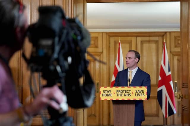 Foreign Secretary Dominic Raab at a 10 Downing Street press conference.