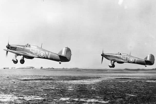 Hawker Hurricane MkI monoplane fighters of No 501 (County of Gloucester) Squadron Royal Auxiliary Air Force take off for another sortie during the Battle of Britain having just refuelled and rearmed on 14th September 1940 at RAF Hawkinge near Folkstone, Kent, England.  (Photo by Central Press/Getty Images)