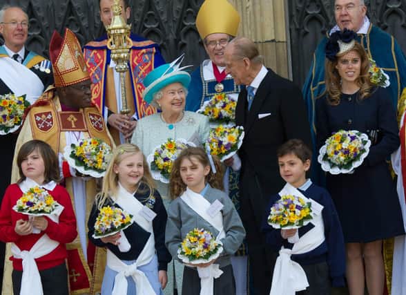 Archbishop of York John Sentamu, Queen Elizabeth II, Prince Philip, Duke of Edinburgh and Princess Beatrice attends a Maundy Thursday Service at York Minster on April 5, 2012 (Photo by Arthur Edwards/WPA Pool/Getty Images)