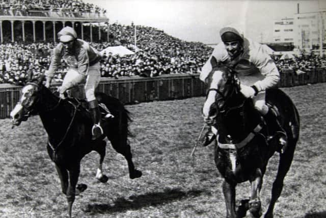 Corbiere and Ben de Haan (right) just held off the challenge of Greasepaint at the end of the 1983 Grand National.