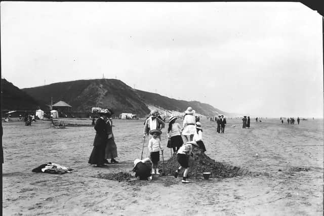 A beach scene at Saltburn, near Whitby in 1913, Saltburn. (Photo by Hulton Archive/Getty Images)