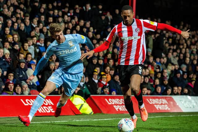 FIGHTING FIT: Leeds United's Patrick Bamford battles with 
Brentford's Ethan Pinnock. Picture: Bruce Rollinson