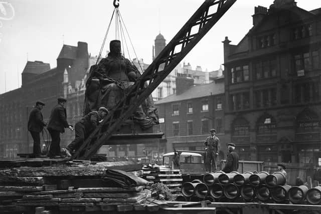 9th January 1937:  The Queen Victoria Statue being uprooted from Victoria Square in central Leeds, where it has stood for over 30 years. It will be transported by lorry to a new site on Woodhouse Moor.  (Photo by Fox Photos/Getty Images)