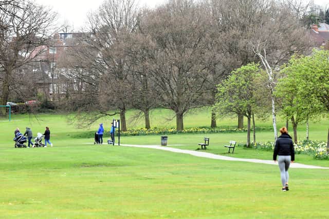 People observing the scocial distancing rules whilst exercising at Horsforth Hall Park in Leeds. Photo: Gary Longbottom.