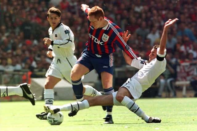 Sheffield United's Don Hutchison tackles Crystal Palace's David Hopkins during the Nationwide League first division play-off  at Wembley. Picture: PA