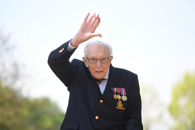99-year-old war veteran Captain Tom Moore at his home in Marston Moretaine, Bedfordshire, after he achieved his goal of 100 laps of his garden - raising more than £12m for the NHS.