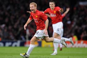 Cracker: Manchester United's Paul Scholes celebrates scoring against Barcelona. PA Photo. Issue date: Thursday April 16, 2020. Paul Scholes signed a new one-year deal with Manchester United on April 16, 2010 in his final season before retiring for the first time in 2011. He made his return in January 2012 before eventually quitting in 2013 and, here, the PA news agency looks at his best five goals for United. See PA story SPORT On This Day Scholes Photo credit should read Martin Rickett/PA Wire.