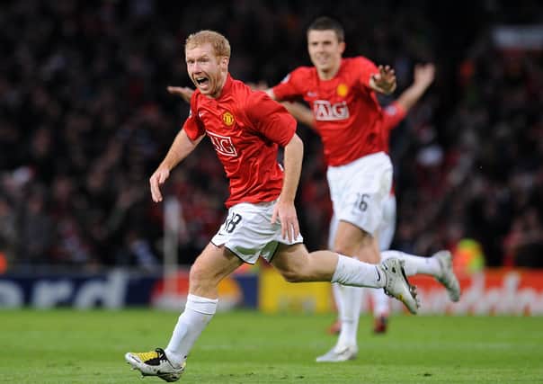 Cracker: Manchester United's Paul Scholes celebrates scoring against Barcelona. PA Photo. Issue date: Thursday April 16, 2020. Paul Scholes signed a new one-year deal with Manchester United on April 16, 2010 in his final season before retiring for the first time in 2011. He made his return in January 2012 before eventually quitting in 2013 and, here, the PA news agency looks at his best five goals for United. See PA story SPORT On This Day Scholes Photo credit should read Martin Rickett/PA Wire.