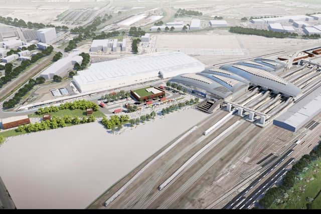 An aerial view of a proposed HS2 station.