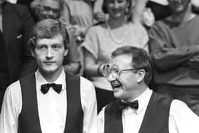 Dennis Taylor (right) and Steve Davis at the end of the 1985 World Snooker Championship final at the Crucible.