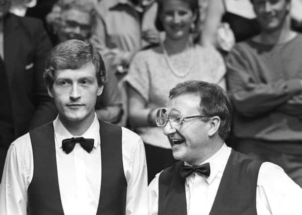 Dennis Taylor (right) and Steve Davis at the end of the 1985 World Snooker Championship final at the Crucible.