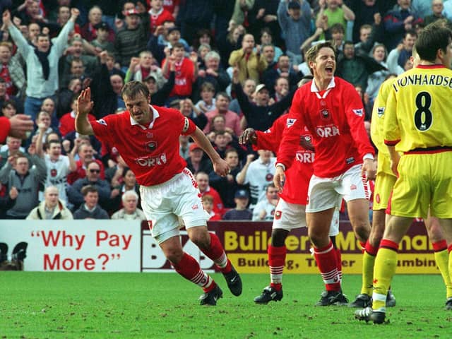 On target: Neil Redfearn celebrates scoring against  Liverpool at Oakwell. Picture: Gary Longbottom