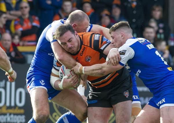 15 March  2020 .....    Castleford Tigers v  St Helens. Super League.
Tigers Grant Millington tackled by Saints James Roby and Morgan Knowles. Picture Tony Johnson