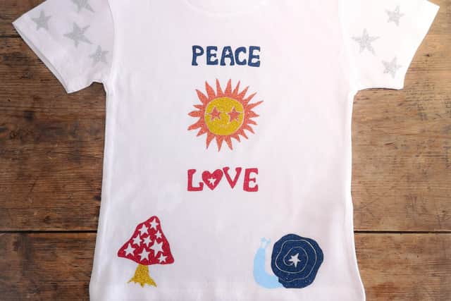 Make Your Own MARY Groovy T-shirt Pack for Children, includes organic T-shirt and 33 piece heat press vinyl applique selection, available in sizes 3-12 years, £20 per pack at marybenson.london
