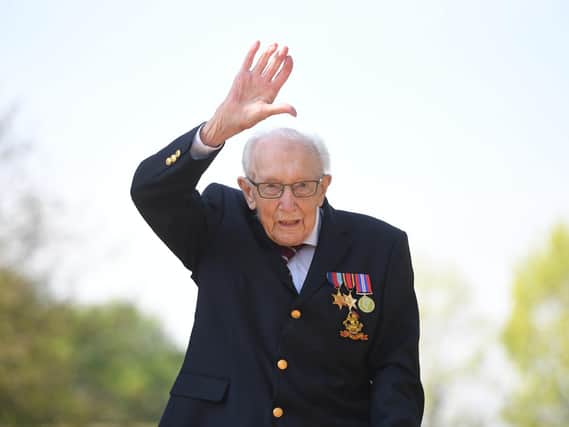 99-year-old war veteran Captain Tom Moore at his home in Bedfordshire, after he achieved his goal of 100 laps of his garden - raising million of pounds for the NHS. (PA).