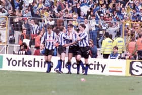 Sheffield United v Sheffield Wednesday FA Cup semi-final at Wembley on  3rd April 1993 Celebrating Sheffield Wednesday's winning goal by Mark Bright