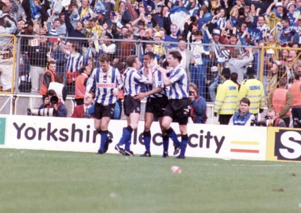 Sheffield United v Sheffield Wednesday FA Cup semi-final at Wembley on  3rd April 1993 Celebrating Sheffield Wednesday's winning goal by Mark Bright