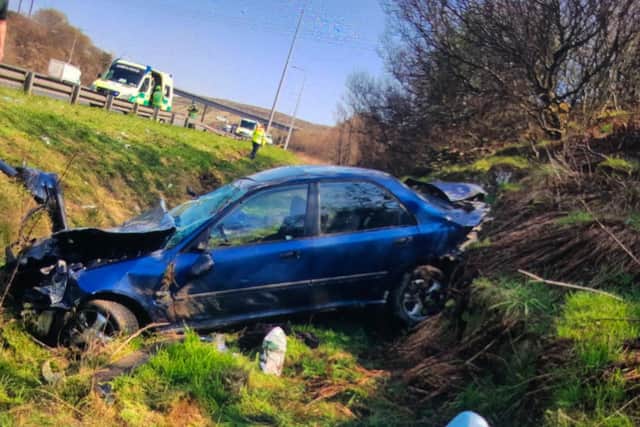 The car skidded off the carriageway before landing in a ditch