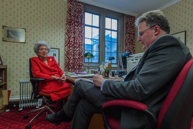 Baroness Betty Boothroyd OM with Tom Richmond, The Yorkshire Post's Comment Editor, in 2017.