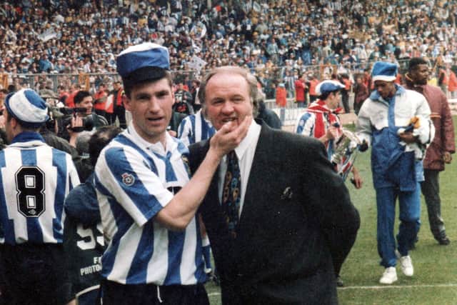 CAPTAIN FANTASTIC: Sheffield Wednesday captain Nigel Pearson celebrates with boss Ron Atkinson after beating Manchester United in the 1991 League Cup Final.