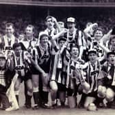 A jubilant Sheffield Wednesday team after beating Manchester United 1-0 at Wembley in the Rumbelows League Cup Final. Picture: PA.