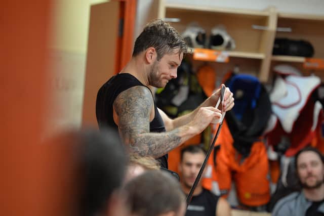 GAME FACE: Robert Dowd carries out pre-match preparations ahead of an Elite League game last season. Picture: Dean Woolley.