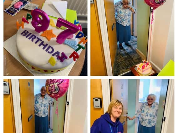 Council wardens in Bradford surprised resident Esme on her 97th birthday with a cake and balloons.