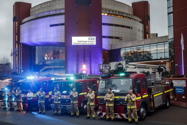 Firefighters took part in a Clap for Carers ceremony outside Yorkshire's new Nightingale Hospital earlier this month.
