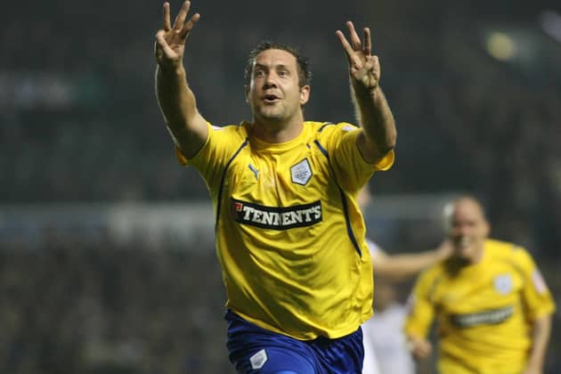 Jon Parkin: Celebrating scoring a glorious hat-trick as Preston North End hit back from 4-1 down to win 6-4 at Leeds United in 2010.