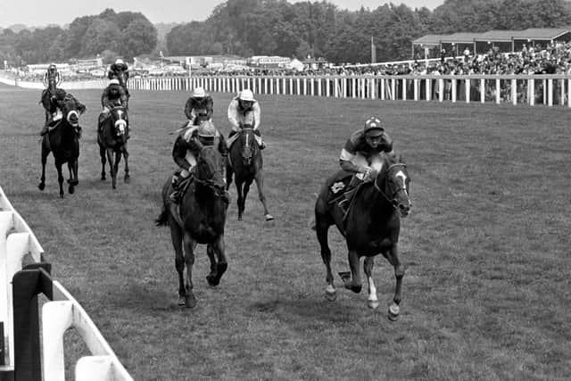 The race of the century as Pat Eddery and Grundy (right) win the 1975 King George from Joe Mercer on Bustino.