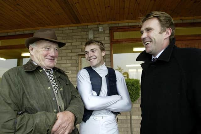 Three generations of a legensary racing family - Peter Scudamore (right) with his late father Michael (left) and son Tom (centre).  Photo: Andy Watts / Racingfotos.com