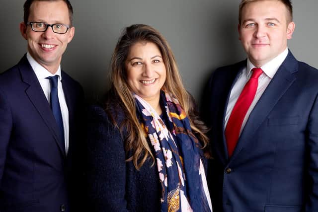 (left-to-right) James Brown, Hall Browns Managing Partner, Alison Fernandes and Sam Hall, the firms Senior Partner.