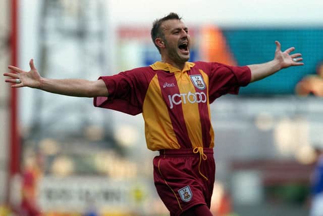 Neil Redfearn celebrates scoring for Bradford City against Leicester City