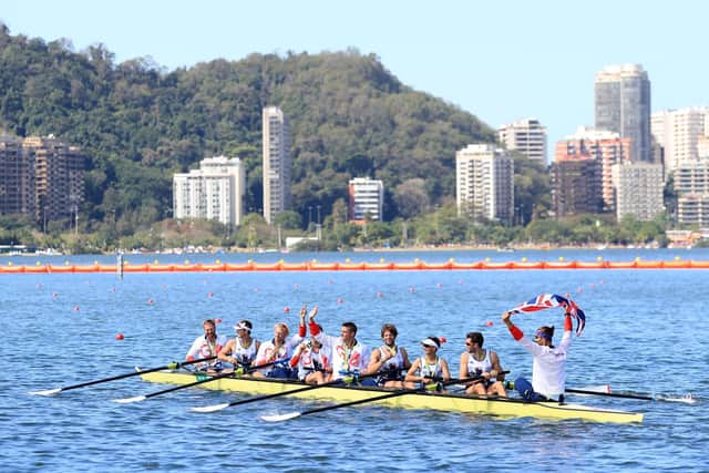 Great Britain's Scott Durant, Tom Ransley, Matt Gotrel, Paul Bennett, Matt Langridge, William Satch, cox Phelan Hill, Andrew Triggs Hodge and Pete Reed celebrate out on the water with their Gold Medals for the Men's Eight final on the eighth day of the Rio Olympics Games, Brazil.
 (Picture:: Mike Egerton/PA Wire)