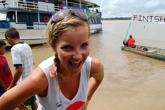 DAREDEVIL: Helen Skelton, after crossing the finishing line, completing a 2,000-mile kayak along the Amazon river for Sport Relief back in 2010. Picture: Rory Payne/PA.