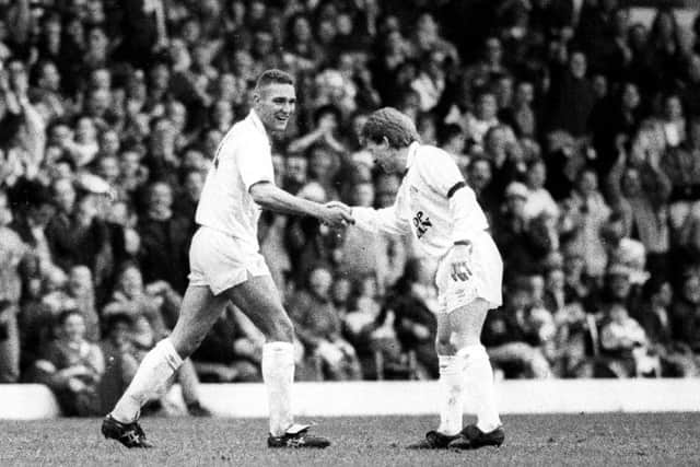 TEAM-MATES: Vinnie Jones celebrates with Gordon Strachan during the Elland Road encounter against Hull City in February 1990.