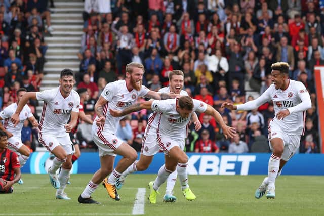 Sheffield United's players celebrate their equalising goal at Borunemouth on the opening day of the 2019-20 Premier League season. Picture: James Wilson/Sportimage