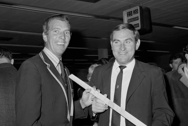 Spin duo: Ray Illingworth, right, captain of England's Ashes winning cricket team, and fellow Yorkshire player Don Wilson on their return from triumphant tour.