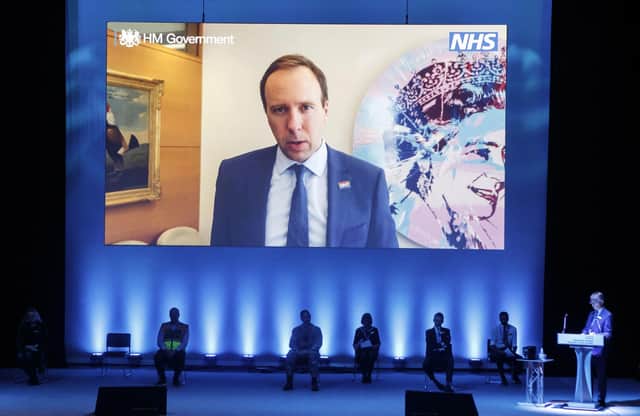 Health Secretary Matt Hancock gives a message via videolink at the opening of NHS Nightingale Hospital Yorkshire and Humber in Harrogate, North Yorkshire. Picture: Danny Lawson/PA Wire