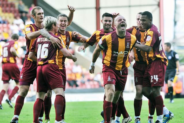 With the Bantams: Guy Branston and team mates celebrates scoring for Bradford City v Barnet in 2011.