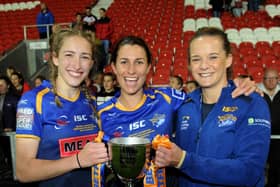 WINNING FEELING:  Leeds Rhinos trio Caitlin Beevers, Courtney Hill, captain and Lois Forsell, club captain celebrate winning the Grand Final in 2019.