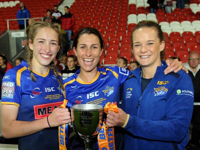 WINNING FEELING:  Leeds Rhinos trio Caitlin Beevers, Courtney Hill, captain and Lois Forsell, club captain celebrate winning the Grand Final in 2019.