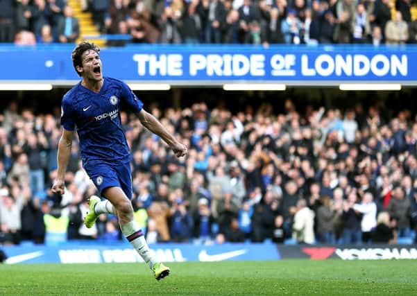 File photo dated 19-10-2019 of Chelsea's Marcos Alonso celebrates scoring.  Chelsea have decided against imposing a pay cut on their first-team squad, instead requesting the players continue their support for charities during the pandemic.
