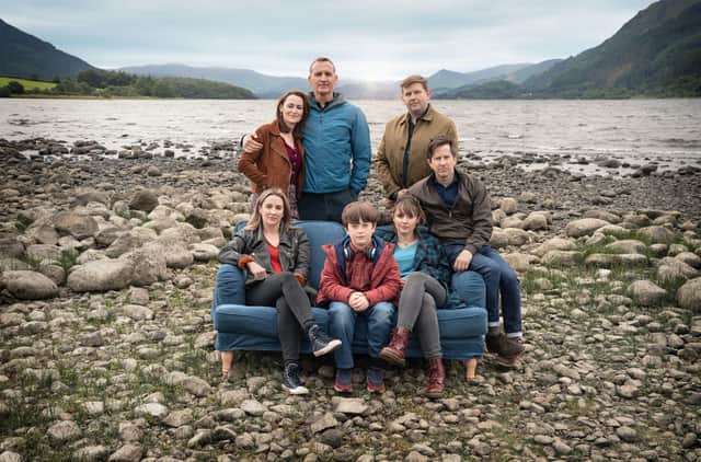 Pictured: (L-R front, then back row) Morven Christie as Alison Hughes, Max Vento as Joe Hughes, Molly Wright as Rebeca Hughes, Lee Ingleby as Paul Hughes, Pooky Quesnel as Louise Wilson, Christopher Eccleston as Maurice Scott, Greg McHugh as Edwin (Eddie) Scott. Picture: PA Photo/BBC/ Fifty Fathoms/Ben Blackall.