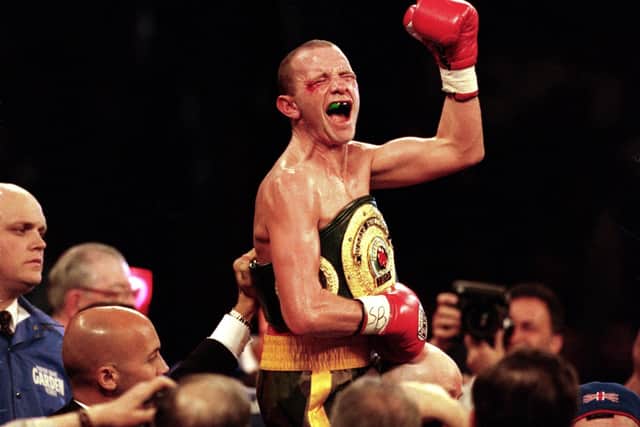 29 Apr 2000: Paul Ingle celebrates after winning the fight against Junior Jones at Madison Square Garden, New York. Ingle defeated Jones in a knock out in the 11th round. Mandatory Credit: Ezra O. Shaw /Allsport