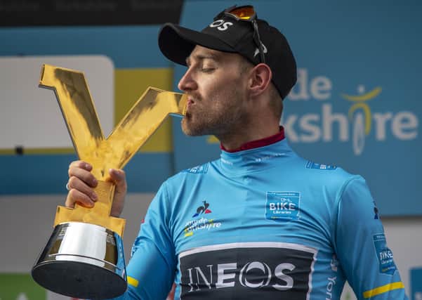 Chris Lawless, Team Ineos, with the Tour de Yorkshire trophy after taking the overall victory.
 (Picture: Bruce Rollinson)